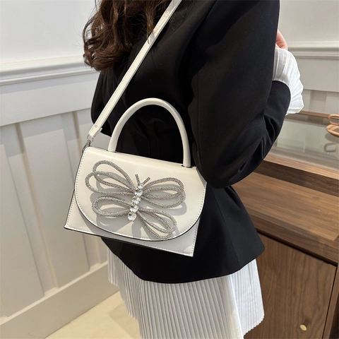 Nuova Moda Donna Strass Farfalla Piccola Borsa Quadrata in Pelle PU Borsa a Tracolla Quotidiana Casual Festa Sera