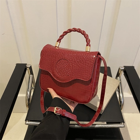 Women Small Square Shoulder Bag PU Leather Crocodile Pattern Twist Handle Crossbody Handbag Casual Commute Fashion Chic
