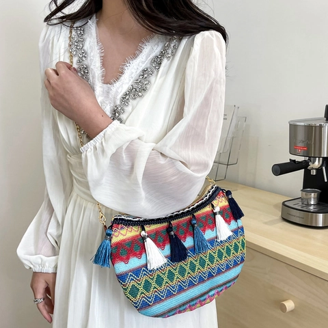 Borsa A Spalla Intrecciata Etnica Borsa A Tracolla Boho Con Nappe Motivo Geometrico Catena In Metallo Per Donna Moda