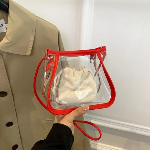 Damen Fashion Transparent PVC Beuteltasche Mit Leinwand Kordelzug Innentasche PU Leder Umhängetasche Streetwear Crossbody Tasche