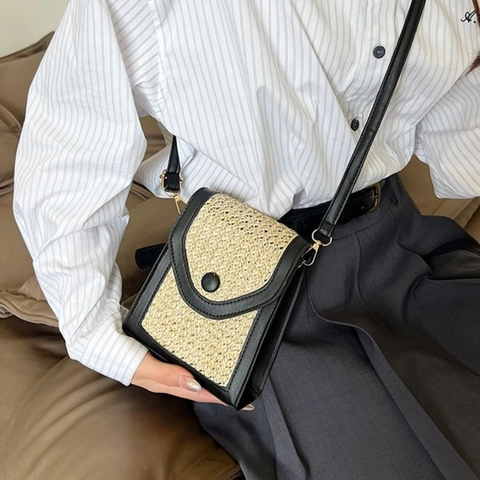 Small Straw Woven Crossbody Bag PU Leather Patchwork Phone Bag For Women Summer Beach Vacation Square Style Handbag
