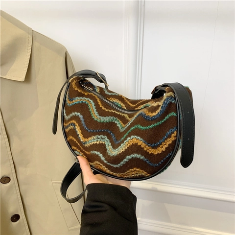 Borsa Sottobraccio Mezzaluna Retrò Da Donna Righe Maglia Paglia Spalla Tracolla Stile Boho Versatile Estate