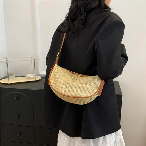 Borsa Sottobraccio Mezzaluna Retrò Da Donna Righe Maglia Paglia Spalla Tracolla Stile Boho Versatile Estate