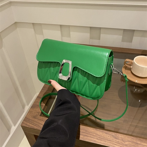 Fashion Women Quilted Shoulder Bag PU Leather Pleated Crossbody Small Square Bag With Metallic Buckle For Daily Commuting