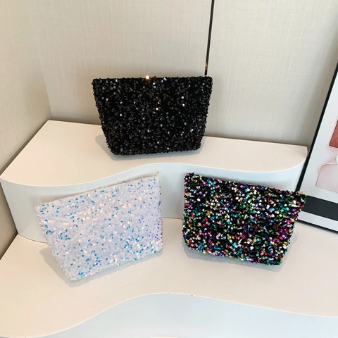 Borsa Clutch da Donna alla Moda con Paillettes Borsa da Sera con Glitter Cerniera Borsa per Trucco Portatile per Feste e Uso Quotidiano