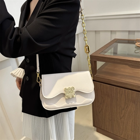 Women PU Leather Crossbody Bag Gold Chain Strap Wavy Edge Flap Trendy Decorative Metal Buckle Shoulder Handbag