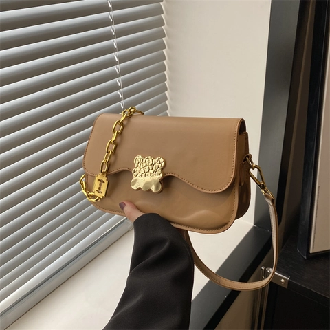 Women PU Leather Crossbody Bag Gold Chain Strap Wavy Edge Flap Trendy Decorative Metal Buckle Shoulder Handbag