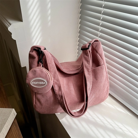Women Large Capacity Corduroy Tote Bag With Mini Coin Purse Ribbed Fabric Shoulder Bag Casual Crossbody Travel Bag For Women