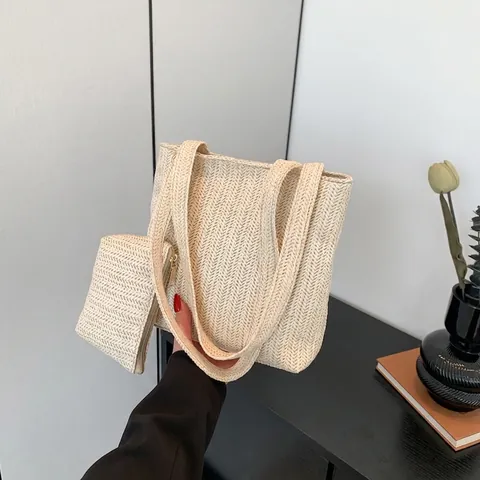Damen Stroh Gewebte Schultertasche Und Tasche Handtasche Minimalistisches Zickzackmuster Sommer Strand Urlaub Tote Bag Casual Reisetasche
