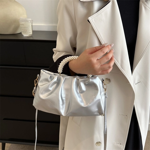 Ruched Pleated Cloud Handbag With Faux Artificial Pearl Handle PU Leather Shoulder Crossbody Bag For Women Trendy Chic Elegant