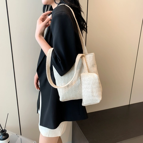 Damen Stroh Gewebte Schultertasche Und Tasche Handtasche Minimalistisches Zickzackmuster Sommer Strand Urlaub Tote Bag Casual Reisetasche