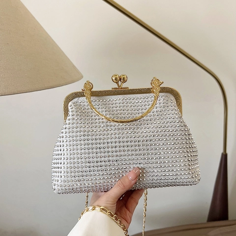 Strass Avondtas Clutch Vintage Schelpvorm Ketting Schoudertas Vrouwen Bruiloft Banket Feest Handtas Luxe Portemonnee