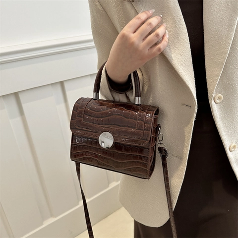Women Handbag Crocodile Pattern PU Leather Glossy Small Square Crossbody Bag With Top Handle Silver Metal Buckle
