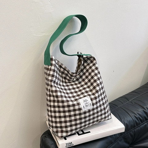 Casual Plaid Canvas Tote Bag For Women Korean Style Gingham Shoulder Bag With Contrast Color Straps Minimalist Shopping Bag
