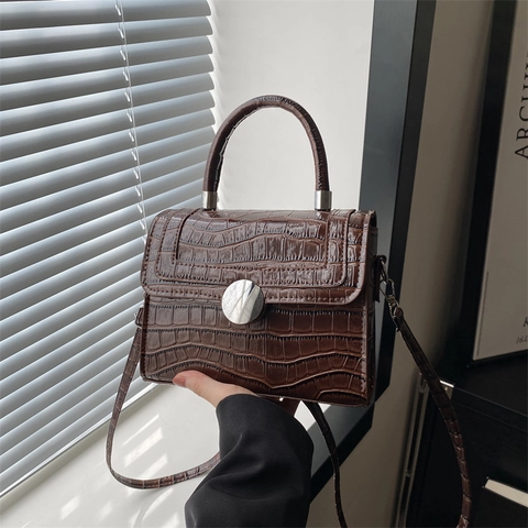 Women Handbag Crocodile Pattern PU Leather Glossy Small Square Crossbody Bag With Top Handle Silver Metal Buckle