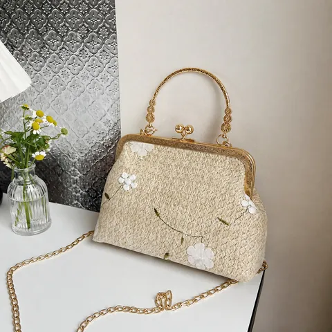 Sac à Bandoulière Vintage en Paille Tissée Femme Broderie Florale Sac Fermoir Avec Poignée Métal Chaîne Or