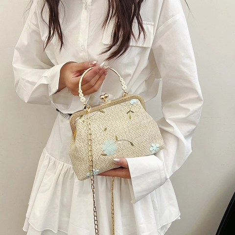 Sac à Bandoulière Vintage en Paille Tissée Femme Broderie Florale Sac Fermoir Avec Poignée Métal Chaîne Or