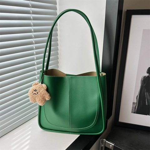 Secchiello Minimalista in Pelle PU per Donna Borsa a Tracolla Tinta Unita Con Ciondolo a Orsetto Street Trend Borsa da Pendolare
