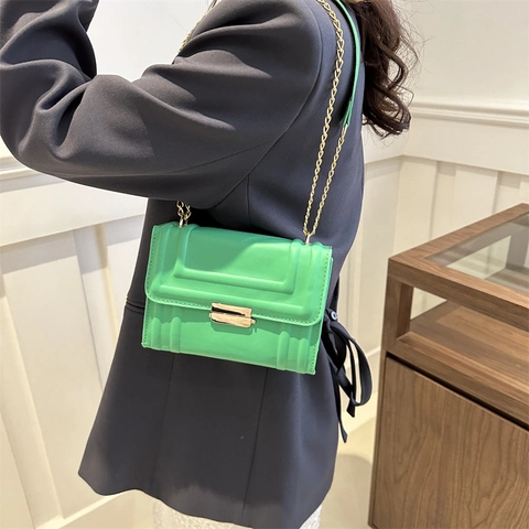 Small Square Crossbody Bag PU Leather Geometric Embossed Chain Shoulder Strap Solid Color Fashion Elegant For Women
