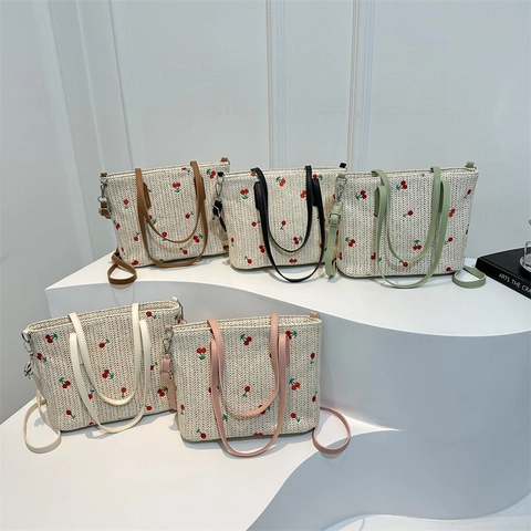 Womens Large Capacity Woven Straw Tote Bag Strawberry Embroidery Shoulder Handbag Casual Travel Commuter Bag