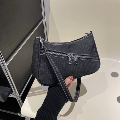 Sac À Épaule En Jean Vintage Pour Femmes Coutures Contrastées Double Fermeture Éclair Sac Hobo Sous L'aisselle Mode Y2K