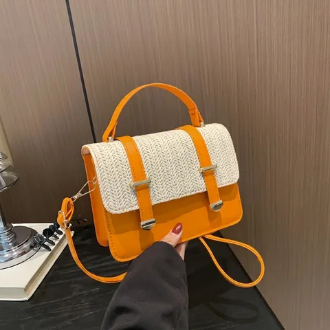 Borsa A Spalla Donna Paglia Intrecciata Patchwork Pelle PU Piccola Borsa Quadrata Tracolla Con Manico Estate Tendenza