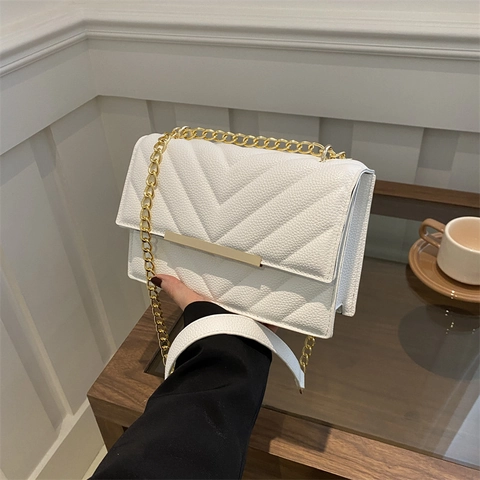 Bolso de Hombro Acolchado en V para Mujer Cuero PU Cadena Dorada Bolso Bandolera Pequeño Cuadrado Moda Minimalista Viaje Diario