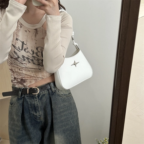 Women Fashion PU Leather Underarm Bag Trendy Knot Shoulder Strap Star Metal Decor Casual Small Hobo Shoulder Bag