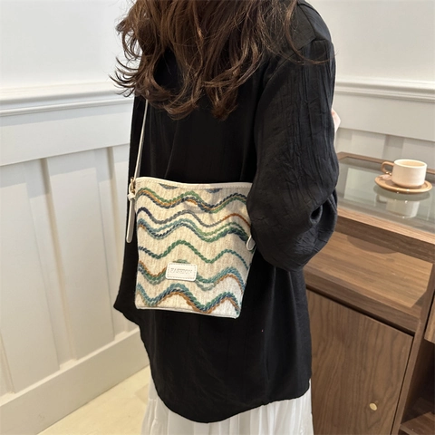 Borsa A Secchiello In Maglia Boho Da Donna Vintage Motivo A Onde Colorate Tracolla In Pelle PU Borsa A Spalla