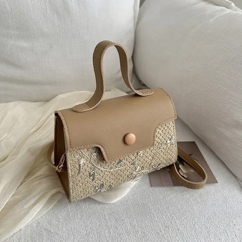 Borsa a Spalla Donna Con Ricamo Floreale In Paglia Intrecciata E Pelle PU Piccola Borsa Quadrata Con Tracolla Regolabile