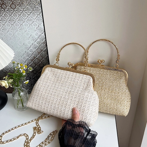 Sac à Épaule Vintage en Paille Tissée pour Femmes Avec Poignée Kiss-lock Florale Chaîne Dorée Sac à Main Retro Crossbody Été Fête