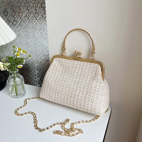 Sac à Épaule Vintage en Paille Tissée pour Femmes Avec Poignée Kiss-lock Florale Chaîne Dorée Sac à Main Retro Crossbody Été Fête