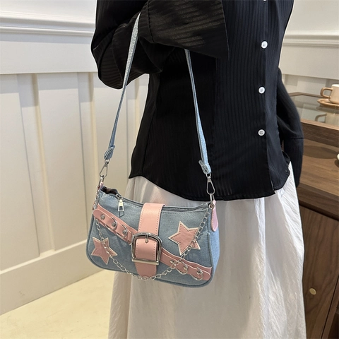 Bolso de Axila de Mezclilla con Parche de Estrella Y2K Mujer Rosa Contraste Color Cadena Decoración Hombro Baguette Bolso