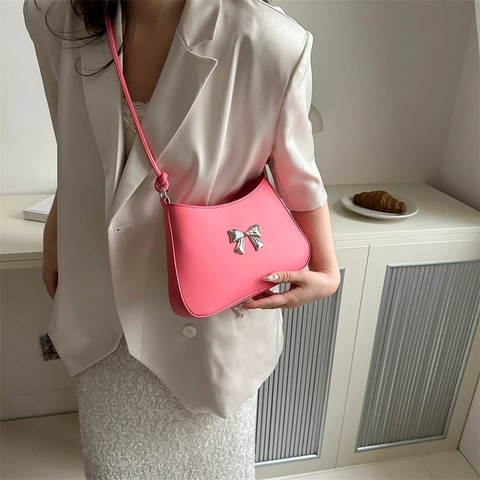 Women PU Leather Underarm Bag With Metal Bow Decoration Knotted Shoulder Strap Korean Style Small Hobo Handbag Trendy