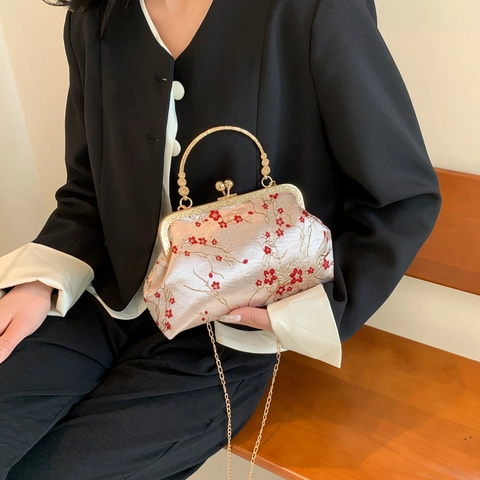Sac de Soirée Vintage en Brocart de Satin Broderie Forme Coquille Fermoir Kiss Lock Chaîne Bandoulière Femme Fête Mariage Sac à Main