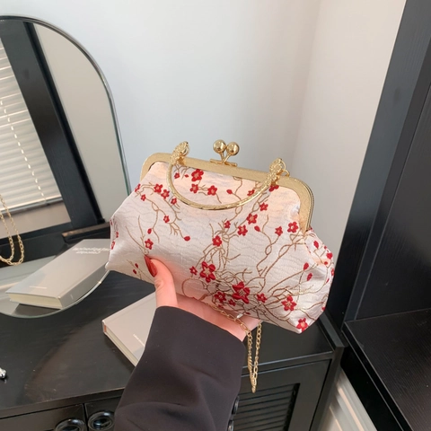 Sac de Soirée Vintage en Brocart de Satin Broderie Forme Coquille Fermoir Kiss Lock Chaîne Bandoulière Femme Fête Mariage Sac à Main