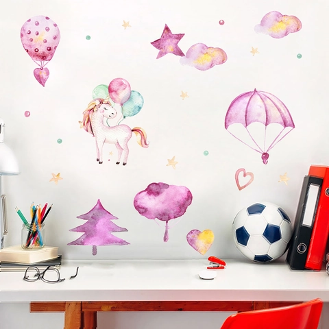 Adesivi Murali Unicorno Acquerello PVC Decalcomanie Dipinte A Mano Per Cameretta Bambini Nuvole Rosa Castello