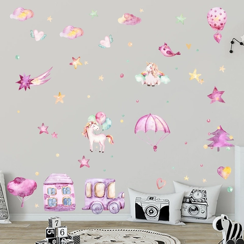 Adesivi Murali Unicorno Acquerello PVC Decalcomanie Dipinte A Mano Per Cameretta Bambini Nuvole Rosa Castello