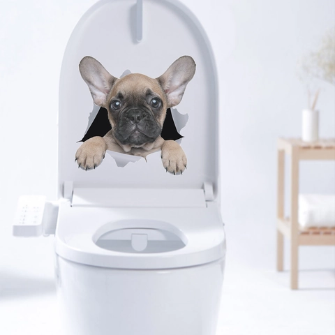 3D Realistisch Franse Bulldog Muursticker Waterdicht PVC Gebroken Gat Puppy Patroon Voor Toiletdeksel Badkamer Decoratie