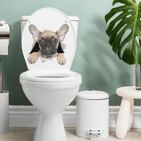 3D Realistisch Franse Bulldog Muursticker Waterdicht PVC Gebroken Gat Puppy Patroon Voor Toiletdeksel Badkamer Decoratie