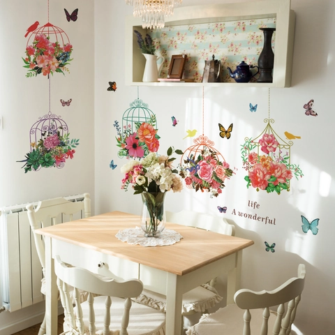 Floral Birdcage Wall Sticker PVC Self-Adhesive Removable Butterfly Bird Decal For Home Decor Living Room Bedroom