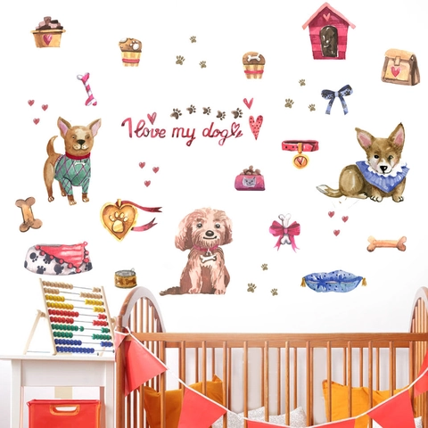 Watercolor Cartoon Dog Wall Stickers PVC Waterproof Removable Self Adhesive Decals For Kids Room Pet Shop Decoration