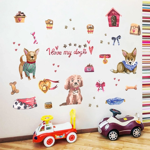 Watercolor Cartoon Dog Wall Stickers PVC Waterproof Removable Self Adhesive Decals For Kids Room Pet Shop Decoration