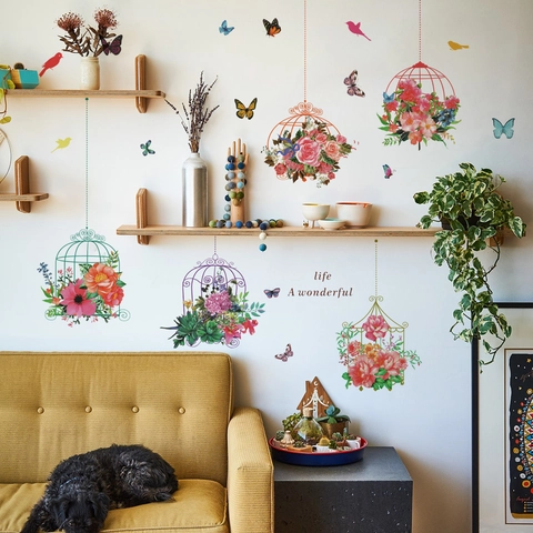 Floral Birdcage Wall Sticker PVC Self-Adhesive Removable Butterfly Bird Decal For Home Decor Living Room Bedroom