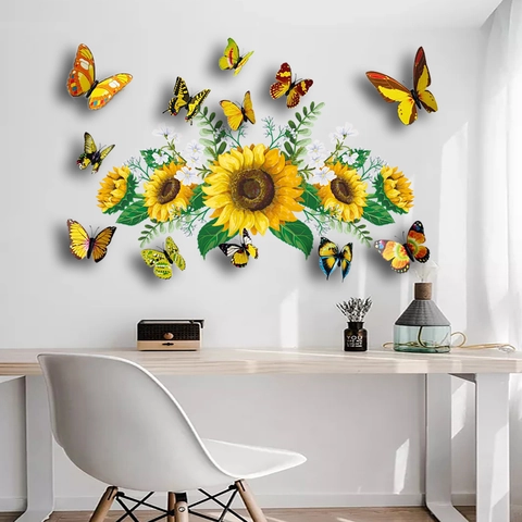 Adesivi Murali Girasole Farfalla PVC 3D Decalcomanie Floreali Rimovibile Impermeabile Decorazione Casa Soggiorno