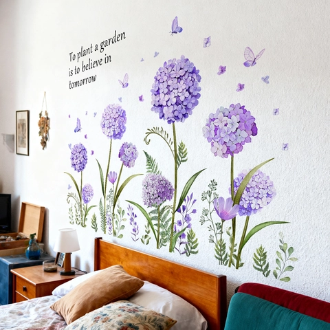 Purple Hydrangea Butterfly Wall Sticker With English Quote To Plant A Garden Is To Believe In Tomorrow PVC Wall Decal Home Decor