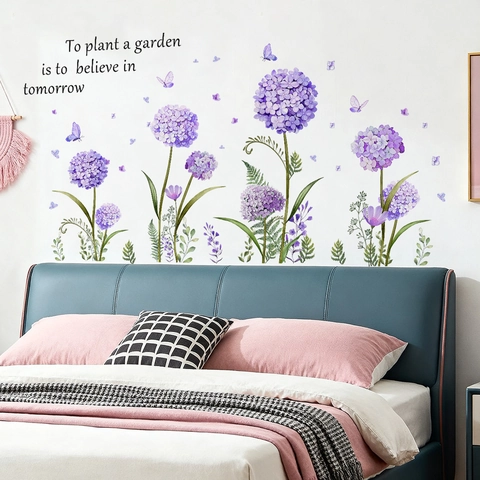 Purple Hydrangea Butterfly Wall Sticker With English Quote To Plant A Garden Is To Believe In Tomorrow PVC Wall Decal Home Decor