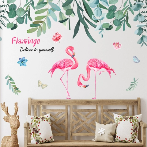 Autocollants Muraux Flamant Rose Plante Verte PVC Imperméable Décoration Nordique Pour Chambre Salon Dortoir