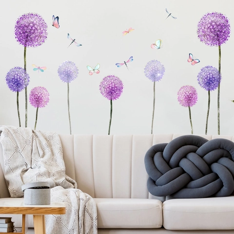 Purple Dandelion And Colorful Butterfly Wall Stickers Removable PVC DIY Art Mural For Living Room Bedroom Home Decor