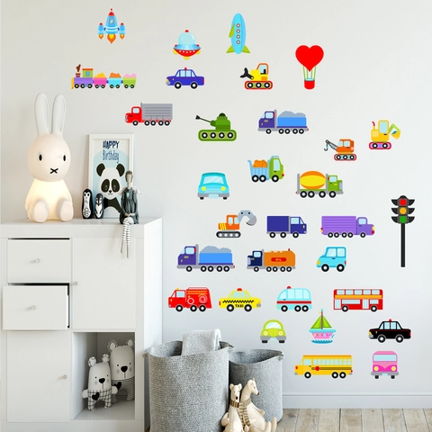 Cartoon Transport Muurstickers PVC Waterdicht Verwijderbare Decals Kinderkamer Brandweerwagen Raket Trein Kleurrijk